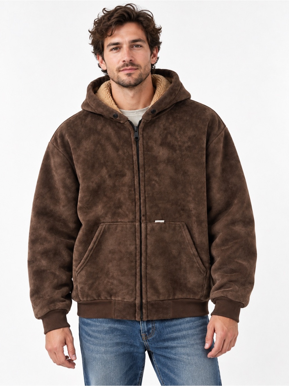Carhartt Brown Plush Hooded Jacket Medium Sherpa Lined Full Zip USA